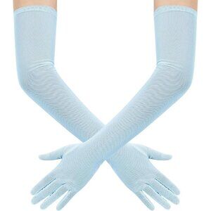 Women's Tulle Light Blue Long Stretchy Gloves Halloween Party Wedding Costume